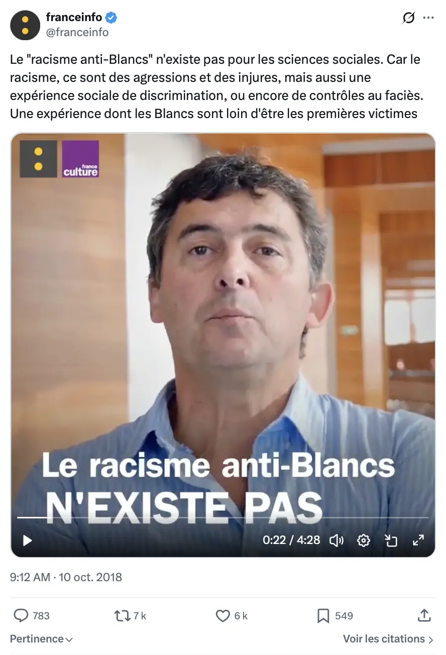 Capture du tweet de franceinfo du 10 octobre 2018 : « Le "racisme anti-Blancs" n'existe pas pour les sciences sociales »