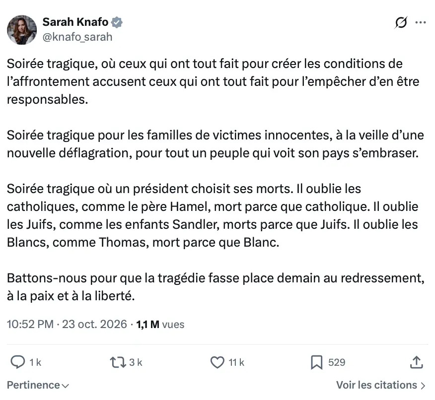 Capture du tweet de Sarah Knafo du 23 octobre 2026 commençant par « Soirée tragique »