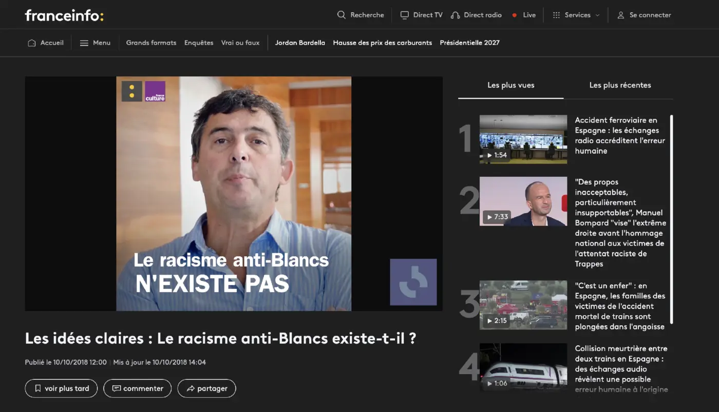 Capture de l'article franceinfo du 10 octobre 2018 « Les idées claires : Le racisme anti-Blancs existe-t-il ? »
