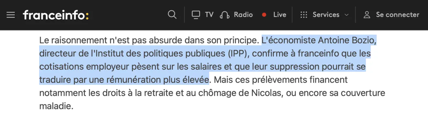 Extrait du même article : passage sur Antoine Bozio et les cotisations employeur