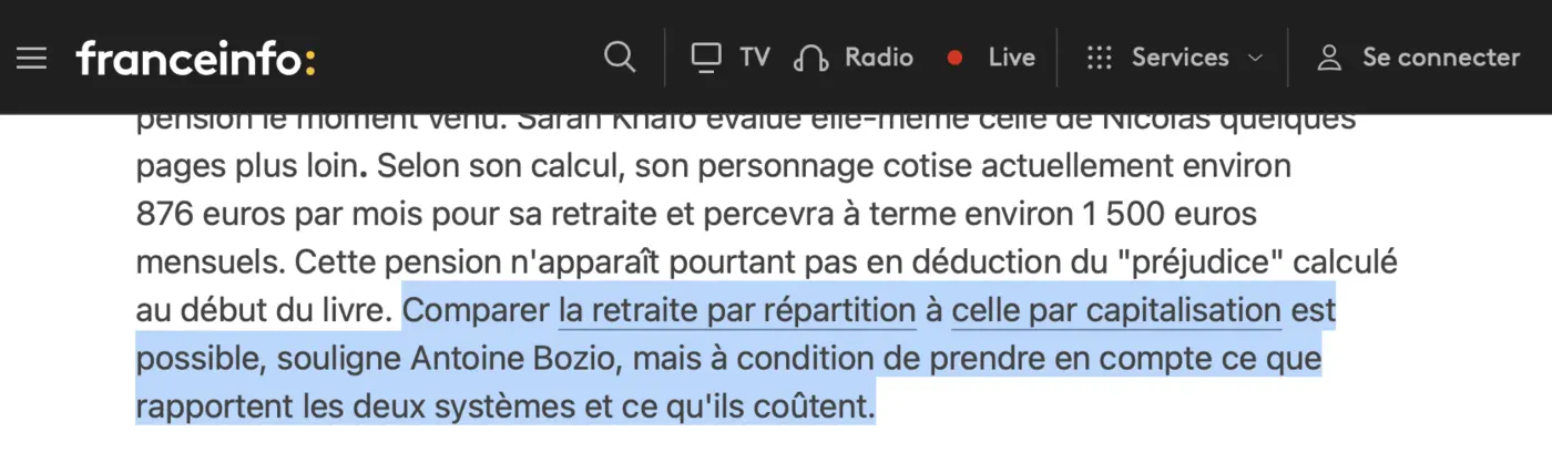 Extrait du même article : passage sur la comparaison entre répartition et capitalisation