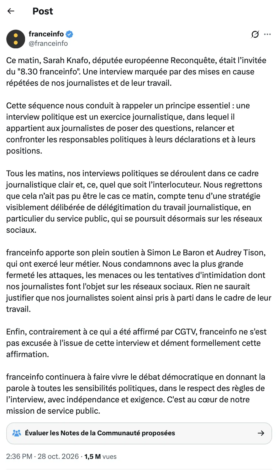 Capture du communiqué de franceinfo publié sur X le 28 octobre 2026