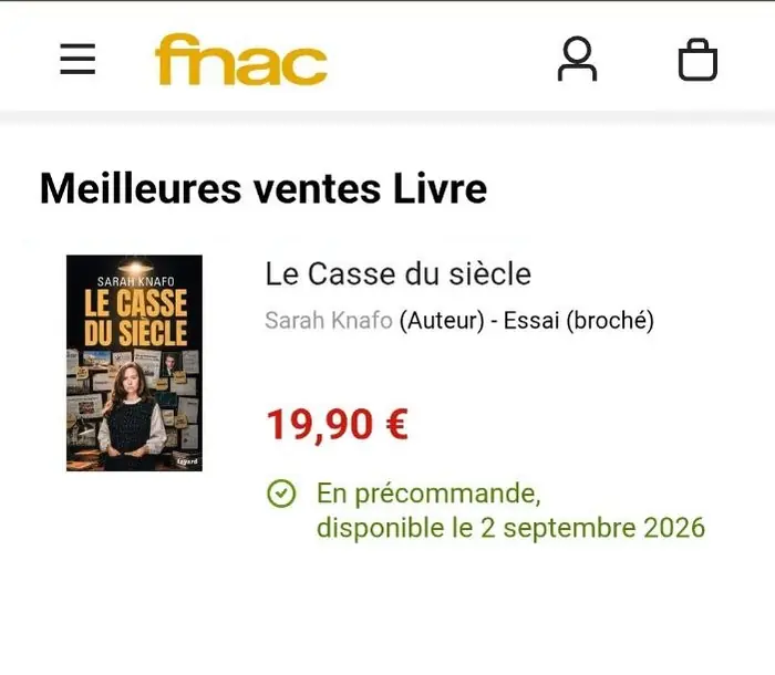 Capture d’écran de Fnac.com : Le Casse du siècle en tête du classement des meilleures ventes Livre.