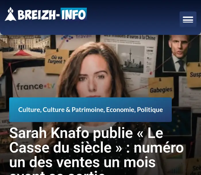 Article de Breizh-info : Sarah Knafo publie « Le Casse du siècle », numéro un des ventes un mois avant sa sortie.