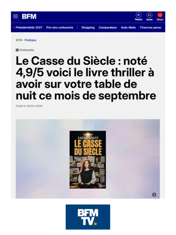 Capture de l’article de BFM TV présentant Le Casse du siècle, noté 4,9 sur 5, comme le livre à lire en septembre.