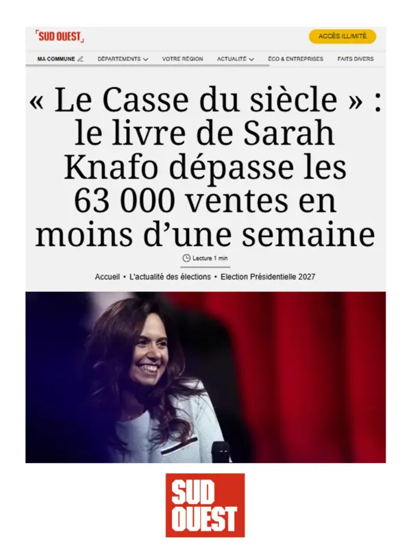 Capture de l’article de Sud Ouest sur les 63 000 ventes du Casse du siècle en moins d’une semaine.