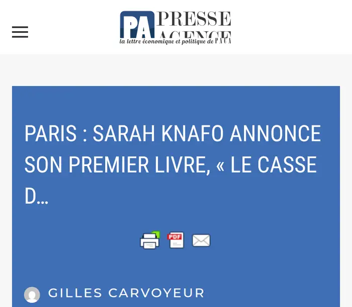 Article de Presse Agence : Paris, Sarah Knafo publie son livre « Le Casse du siècle ».