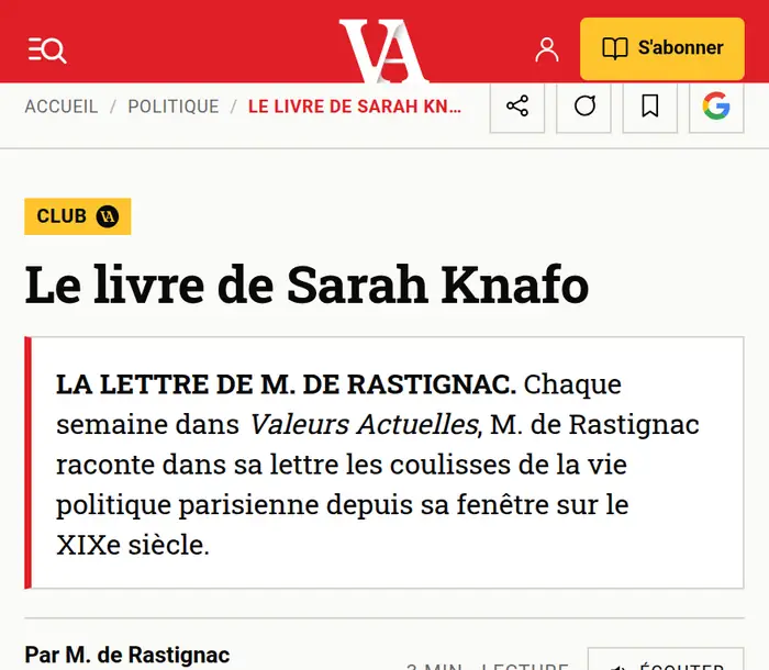 Chronique de Valeurs actuelles consacrée au livre de Sarah Knafo, signée M. de Rastignac.